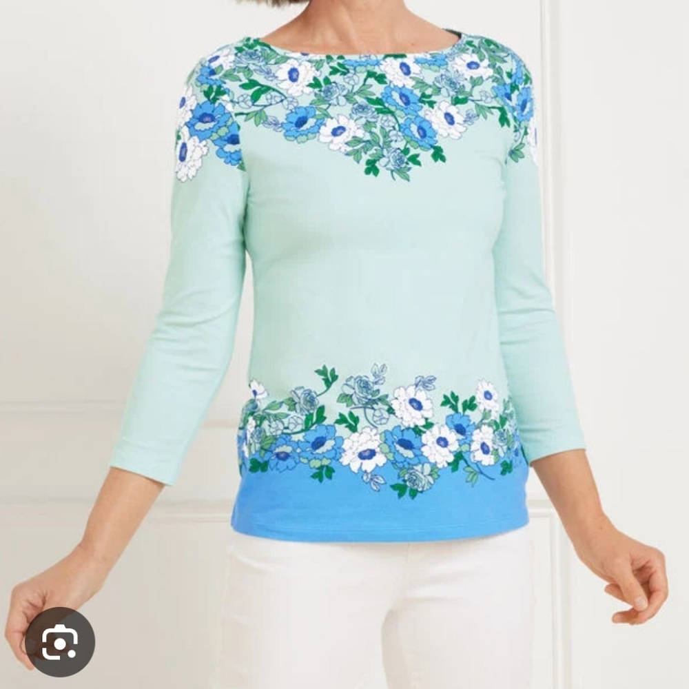 Talbots Light Blue Bateau Neck Floral 3/4 Sleeve Top Blouse NWT Size M Petite